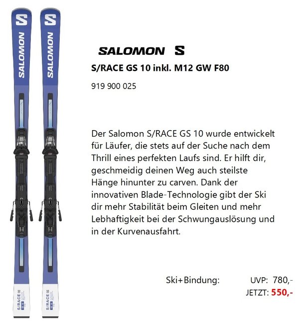 Salomon S/RACE GS 10 inkl. M12 GW Bindung