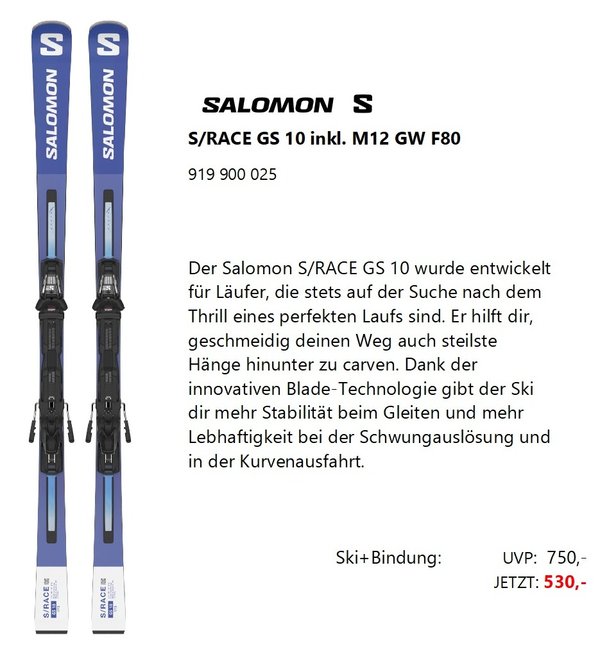 Salomon S/RACE GS 10 inkl. M12 GW Bindung